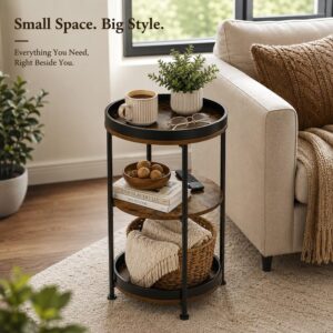 Dulcii Side Table, Round End Table with 3 Storage Shelves for Living Room, Bedroom, Nightstand with Steel Frame for Small Spaces, Industrial Round Sofa Table, Outdoor Accent Coffee Table, Rustic Brown - Image 2