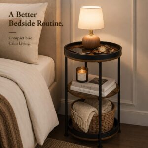 Dulcii Side Table, Round End Table with 3 Storage Shelves for Living Room, Bedroom, Nightstand with Steel Frame for Small Spaces, Industrial Round Sofa Table, Outdoor Accent Coffee Table, Rustic Brown - Image 5