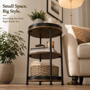 Dulcii Side Table, Round End Table with 3 Storage Shelves for Living Room, Bedroom, Nightstand with Steel Frame for Small Spaces, Industrial Round Sofa Table, Outdoor Accent Coffee Table, Rustic Brown - Image 9