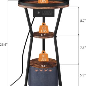 Yusong Round Side Table with Charging Station, Small Drink Table for Small Spaces, 3-Tier Industrial End Table, Accent Nightstand Bedside Table for Living Room, Bedroom, Sofa Couch, Rustic Brown - Image 2