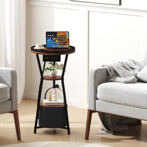 Yusong Round Side Table with Charging Station, Small Drink Table for Small Spaces, 3-Tier Industrial End Table, Accent Nightstand Bedside Table for Living Room, Bedroom, Sofa Couch, Rustic Brown - Image 3