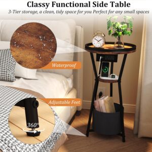 Yusong Round Side Table with Charging Station, Small Drink Table for Small Spaces, 3-Tier Industrial End Table, Accent Nightstand Bedside Table for Living Room, Bedroom, Sofa Couch, Rustic Brown - Image 4