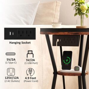Yusong Round Side Table with Charging Station, Small Drink Table for Small Spaces, 3-Tier Industrial End Table, Accent Nightstand Bedside Table for Living Room, Bedroom, Sofa Couch, Rustic Brown - Image 5