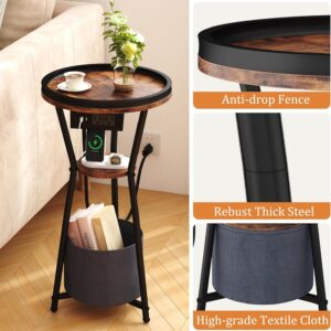 Yusong Round Side Table with Charging Station, Small Drink Table for Small Spaces, 3-Tier Industrial End Table, Accent Nightstand Bedside Table for Living Room, Bedroom, Sofa Couch, Rustic Brown - Image 6