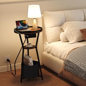 Yusong Round Side Table with Charging Station, Small Drink Table for Small Spaces, 3-Tier Industrial End Table, Accent Nightstand Bedside Table for Living Room, Bedroom, Sofa Couch, Rustic Brown - Image 7