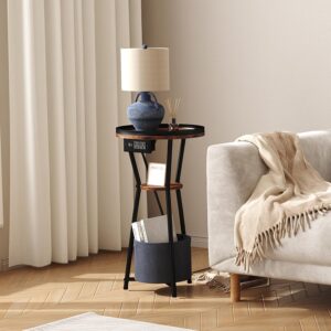 Yusong Round Side Table with Charging Station, Small Drink Table for Small Spaces, 3-Tier Industrial End Table, Accent Nightstand Bedside Table for Living Room, Bedroom, Sofa Couch, Rustic Brown - Image 9
