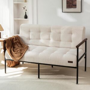 MAXYOYO Loveseat Sofa, Button Tufted Upholstered Small Couch for Living Room, Modern Love Seat Couches with Metal Frame & Wood Armrests for Bedroom Office, Easy to Install, Beige - Image 1