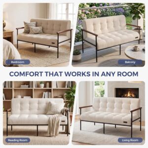 MAXYOYO Loveseat Sofa, Button Tufted Upholstered Small Couch for Living Room, Modern Love Seat Couches with Metal Frame & Wood Armrests for Bedroom Office, Easy to Install, Beige - Image 3