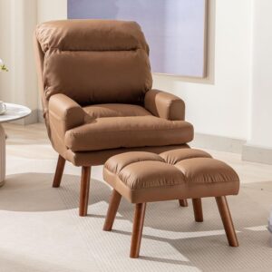 INZOY Accent Chairs with Ottoman, Velvet Fabric Armchair with Ottoman for Bedroom Living Room, Mid Century Modern Chair with Adjustable Backrest and Side Pockets, Camel - Image 1