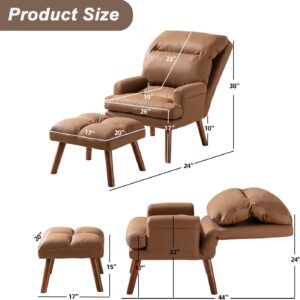 INZOY Accent Chairs with Ottoman, Velvet Fabric Armchair with Ottoman for Bedroom Living Room, Mid Century Modern Chair with Adjustable Backrest and Side Pockets, Camel - Image 2