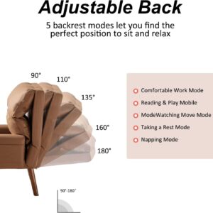 INZOY Accent Chairs with Ottoman, Velvet Fabric Armchair with Ottoman for Bedroom Living Room, Mid Century Modern Chair with Adjustable Backrest and Side Pockets, Camel - Image 3