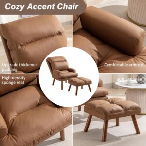 INZOY Accent Chairs with Ottoman, Velvet Fabric Armchair with Ottoman for Bedroom Living Room, Mid Century Modern Chair with Adjustable Backrest and Side Pockets, Camel - Image 5