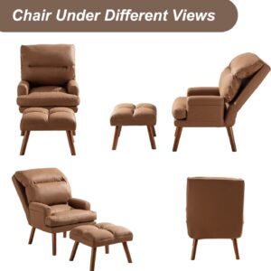 INZOY Accent Chairs with Ottoman, Velvet Fabric Armchair with Ottoman for Bedroom Living Room, Mid Century Modern Chair with Adjustable Backrest and Side Pockets, Camel - Image 6