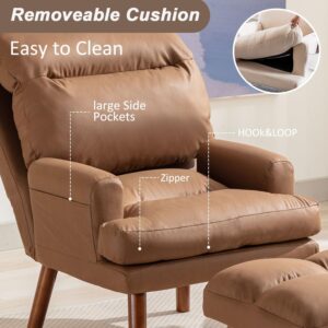 INZOY Accent Chairs with Ottoman, Velvet Fabric Armchair with Ottoman for Bedroom Living Room, Mid Century Modern Chair with Adjustable Backrest and Side Pockets, Camel - Image 7