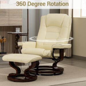 Heated Massage Recliner Chair with Ottoman, PU Leather Lounge Chair with Footrest & 360 Swivel Wooden Base for Adults Bedroom Living Room, Beige - Image 3