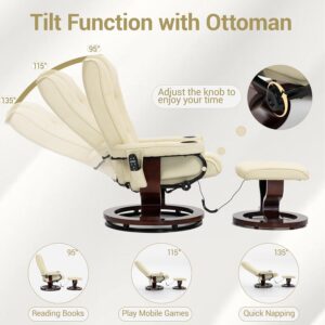 Heated Massage Recliner Chair with Ottoman, PU Leather Lounge Chair with Footrest & 360 Swivel Wooden Base for Adults Bedroom Living Room, Beige - Image 4