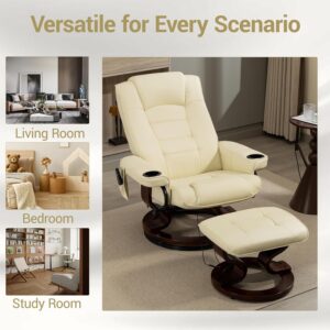 Heated Massage Recliner Chair with Ottoman, PU Leather Lounge Chair with Footrest & 360 Swivel Wooden Base for Adults Bedroom Living Room, Beige - Image 5
