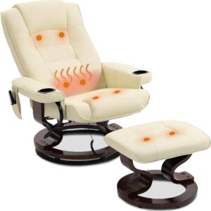 Heated Massage Recliner Chair with Ottoman, PU Leather Lounge Chair with Footrest & 360 Swivel Wooden Base for Adults Bedroom Living Room, Beige - Image 6