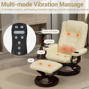Heated Massage Recliner Chair with Ottoman, PU Leather Lounge Chair with Footrest & 360 Swivel Wooden Base for Adults Bedroom Living Room, Beige - Image 7