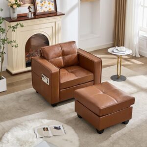 TYBOATLE Oversized Accent Chair with Ottoman, Wide Chaise Lounge Chair Indoor, Mid-Century Modern Armchair with Pockets, Leather Comfy Chairs for Bedroom, Living Room, Office - Image 2