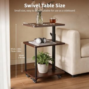 360° Swivel Side Table with Storage, Height Adjustable, Smooth-Rolling Wheels, C-Shaped End Table for Couch/Sofa, Recliner, Living Room, Walnut-Look - Image 2