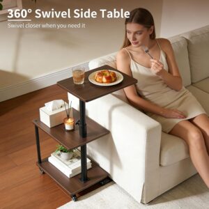 360° Swivel Side Table with Storage, Height Adjustable, Smooth-Rolling Wheels, C-Shaped End Table for Couch/Sofa, Recliner, Living Room, Walnut-Look - Image 3