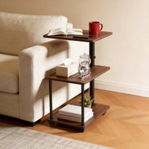 360° Swivel Side Table with Storage, Height Adjustable, Smooth-Rolling Wheels, C-Shaped End Table for Couch/Sofa, Recliner, Living Room, Walnut-Look - Image 8