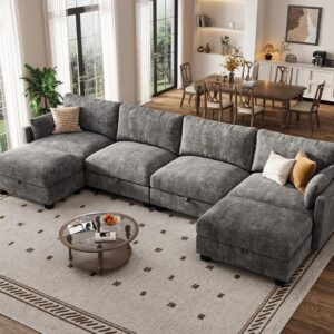 Modular Sectional U Shaped Sofa Couches for Living Room, Cloud Couch with Storage Ottoman, Comfy Chenille Sofa with Pillow, Dark Gray | Comfort, Ease of assembly, Softness, Good Quality, Storage Capacity, Sturdiness - Image 1