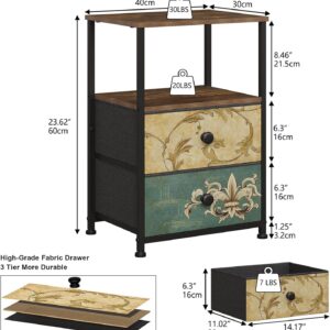 Tohomeor Nightstand with 2 Fabric Drawers Retro Flower End Table Side Table with Open Storage Shelf for Bedroom Living Room Sofa Beside Vintage - Image 2