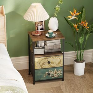Tohomeor Nightstand with 2 Fabric Drawers Retro Flower End Table Side Table with Open Storage Shelf for Bedroom Living Room Sofa Beside Vintage - Image 3