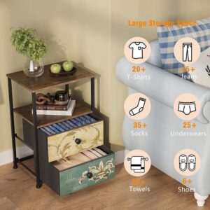 Tohomeor Nightstand with 2 Fabric Drawers Retro Flower End Table Side Table with Open Storage Shelf for Bedroom Living Room Sofa Beside Vintage - Image 4
