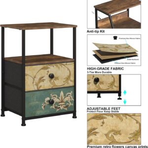 Tohomeor Nightstand with 2 Fabric Drawers Retro Flower End Table Side Table with Open Storage Shelf for Bedroom Living Room Sofa Beside Vintage - Image 5