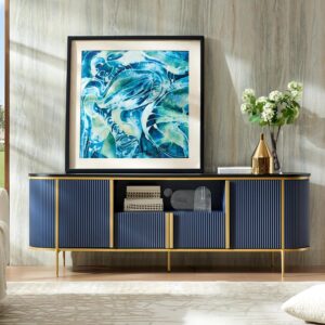 OKD Luxury 70" Fluted TV Stand, Modern Chic Entertainment Center for TVs Up to 80 inches, TV Console with Faux Marble Top, Curved Profile Design, Media Console for Living Room, Navy Blue - Image 3