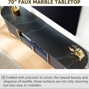 OKD Luxury 70" Fluted TV Stand, Modern Chic Entertainment Center for TVs Up to 80 inches, TV Console with Faux Marble Top, Curved Profile Design, Media Console for Living Room, Navy Blue - Image 4