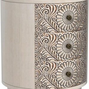 COSIEST 3 Drawer Chest of Drawers, 20 inch MDF Round Storage Cabinet, Retro Whitewash Finish Nightstand, Wood Bedside Table with Drawers for Bedroom Living Room,Light Gray - Image 3