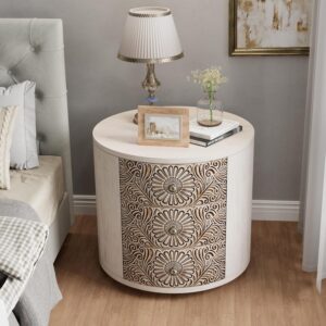 COSIEST 3 Drawer Chest of Drawers, 20 inch MDF Round Storage Cabinet, Retro Whitewash Finish Nightstand, Wood Bedside Table with Drawers for Bedroom Living Room,Light Gray - Image 5