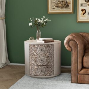 COSIEST 3 Drawer Chest of Drawers, 20 inch MDF Round Storage Cabinet, Retro Whitewash Finish Nightstand, Wood Bedside Table with Drawers for Bedroom Living Room,Light Gray - Image 6
