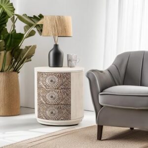 COSIEST 3 Drawer Chest of Drawers, 20 inch MDF Round Storage Cabinet, Retro Whitewash Finish Nightstand, Wood Bedside Table with Drawers for Bedroom Living Room,Light Gray - Image 8