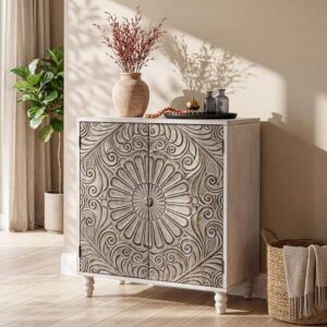 COSIEST 32" W Sideboard Buffet Cabinet with Storage, Accent Cabinet with 2 Push-to-Open Magnetic Doors, Vintage MDF Buffet Table for Living Room, Kitchen, Hallway (Gray,Flower Pattern) - Image 4