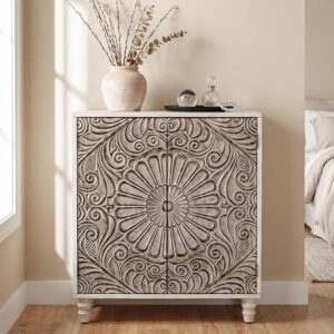 COSIEST 32" W Sideboard Buffet Cabinet with Storage, Accent Cabinet with 2 Push-to-Open Magnetic Doors, Vintage MDF Buffet Table for Living Room, Kitchen, Hallway (Gray,Flower Pattern) - Image 7
