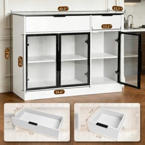 Buffet Cabinet with Drawers, Buffet Storage Cabinet with Transparent Glass Doors, Kitchen Supplies Storage Cabinet, Wooden Coffee Bar Table for Dining Room,Living Room Entrance, White - Image 3
