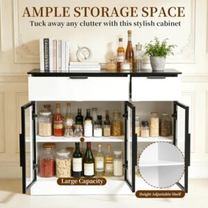 Buffet Cabinet with Drawers, Buffet Storage Cabinet with Transparent Glass Doors, Kitchen Supplies Storage Cabinet, Wooden Coffee Bar Table for Dining Room,Living Room Entrance, White - Image 4