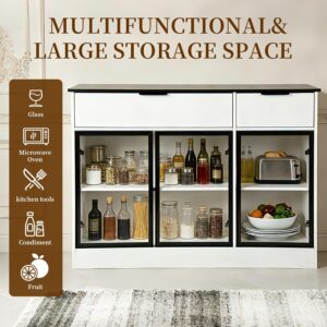 Buffet Cabinet with Drawers, Buffet Storage Cabinet with Transparent Glass Doors, Kitchen Supplies Storage Cabinet, Wooden Coffee Bar Table for Dining Room,Living Room Entrance, White - Image 5