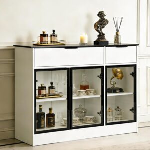 Buffet Cabinet with Drawers, Buffet Storage Cabinet with Transparent Glass Doors, Kitchen Supplies Storage Cabinet, Wooden Coffee Bar Table for Dining Room,Living Room Entrance, White - Image 7