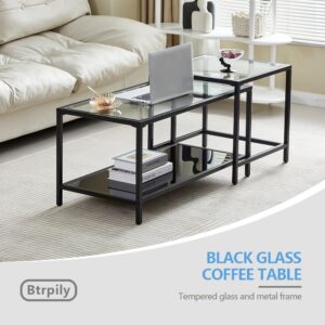 Coffee Table Nesting Set of 2, Center Coffee Table Set with Tempered Glass, Modern Side Tables for Living Room, Bedroom, Office and Nightstand, Black - Image 4