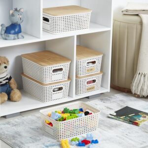 Bagnizer Small Plastic Storage Bins with Bamboo Lids 5.2qt Stackable Box Basket Pantry Decorative Containers Cute with Labels for Organizing Desktop Closet Office Cream White of 6 packs 10*7.2*4.1" - Image 8