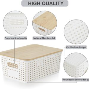 Bagnizer Small Plastic Storage Bins with Bamboo Lids 5.2qt Stackable Box Basket Pantry Decorative Containers Cute with Labels for Organizing Desktop Closet Office Cream White of 6 packs 10*7.2*4.1" - Image 7