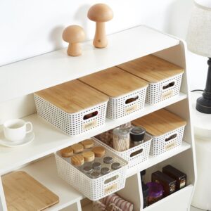 Bagnizer Small Plastic Storage Bins with Bamboo Lids 5.2qt Stackable Box Basket Pantry Decorative Containers Cute with Labels for Organizing Desktop Closet Office Cream White of 6 packs 10*7.2*4.1" - Image 6
