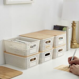 Bagnizer Small Plastic Storage Bins with Bamboo Lids 5.2qt Stackable Box Basket Pantry Decorative Containers Cute with Labels for Organizing Desktop Closet Office Cream White of 6 packs 10*7.2*4.1" - Image 4
