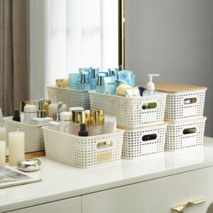Bagnizer Small Plastic Storage Bins with Bamboo Lids 5.2qt Stackable Box Basket Pantry Decorative Containers Cute with Labels for Organizing Desktop Closet Office Cream White of 6 packs 10*7.2*4.1" - Image 3